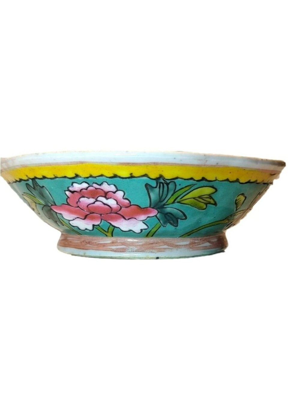 Antique Chinese Famille Bowl Handpainted Floral Enameled Jaune Green JS404